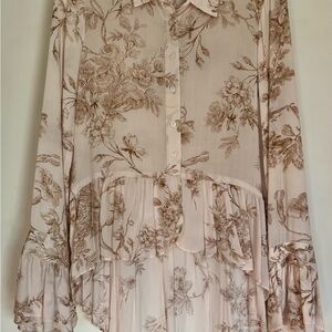 LC Lauren Conrad Cream Blush Floral Ruffle Button-Up Tunic